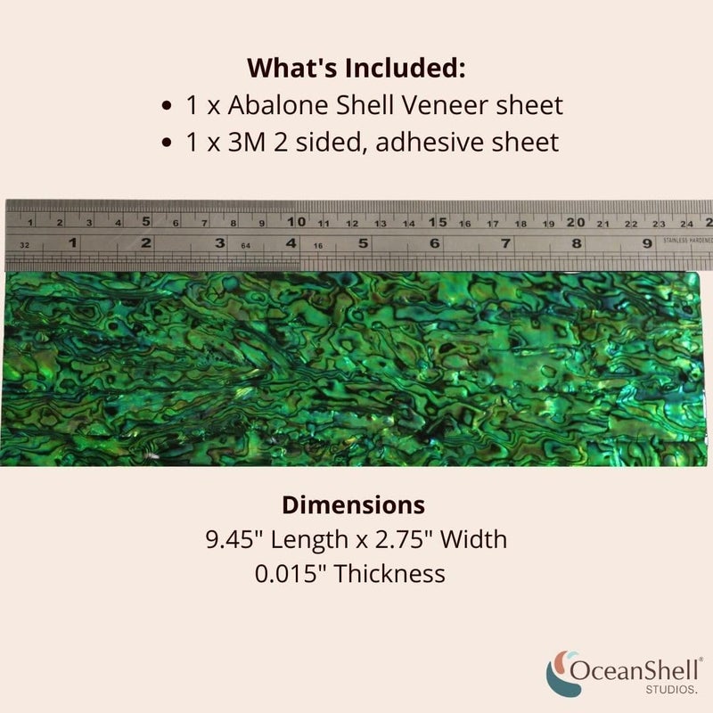 Ocean Shell Studios. Abalone Shell Inlay Veneer for DIY or Professional Inlay Embellishments - Sustainable New Zealand Paua Emerald Green- With 3M Double Sided Tape Backing - 9.45"X2.75" - Image 2